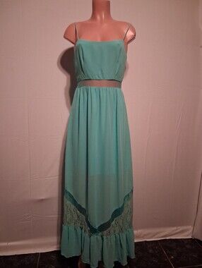 Shasa Turquoise Maxi Dress Mesh Waist Lace Hem Ruffle Size M
